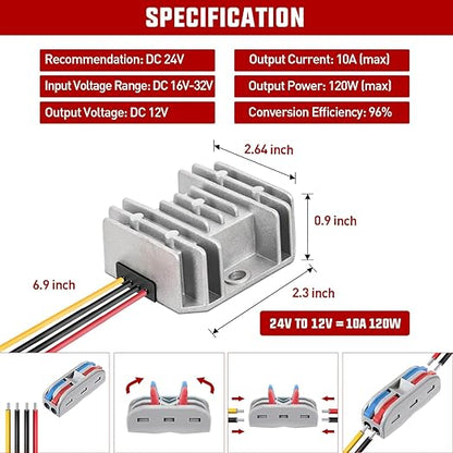 Nilight 24V to 12V Voltage Converter 120W 10A Regulator Step Down to 12VDC Waterproof DC Convert Reducer Power Supply Transformer Module for Golf Cart Scooters Trucks