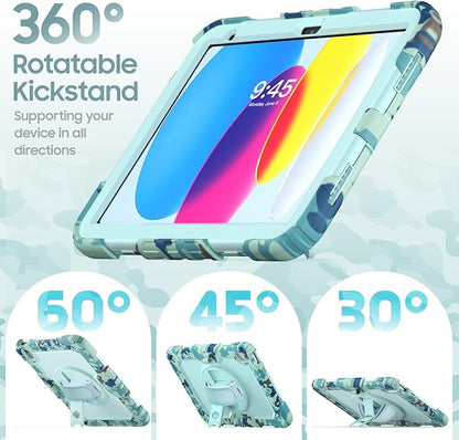 SCSVPN Kids Case for iPad (A16) 11th/10th Generation 11/10.9 inch 2025/2022, Shockproof Rugged Cute Rainbow Cover for iPad 11/10 with Pencil Holder, 360 Rotating Stand, Hand/Shoulder Strap, Camo Blue