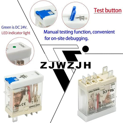 ZJWZJH 12 Amp Power Relay Switch 12V DC Relay Coil, 5 Pin SPDT 1NO 1NC with Test Button, LED Module Light, Socket Base, DIN Rail, UL Certification (5 Pin- 12A, DC 12V)