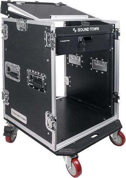 Sound Town Heavy-Duty 1/2" (12mm) Plywood 14U PA DJ Pro Audio Rack/Road ATA Case with 11U Slant Mixer Top, Locking Drawer, 20’’ Rackable Depth and Casters (STMR-14D3)