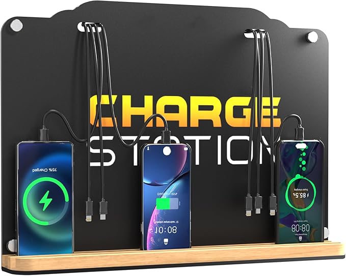 Wall Mount Charging Station with 8 Ports Phone Charger | Advertising Cell Phone Charging Station with Bamboo Organizer | Application for Schools, Office, Library, University