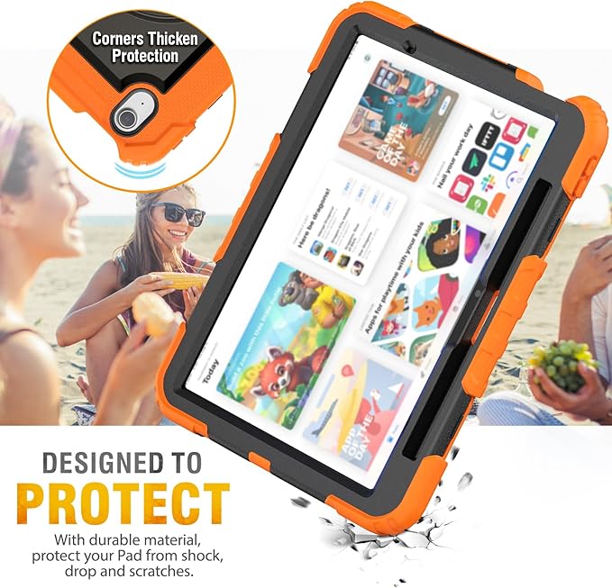 HXCASEAC Case for iPad Air 11 inch (2025 M3 / 2024 M2), Shockproof Design with Pencil Holder/Screen Protector/Rotating Hand Strap, Protective Cover for iPad Air 7th/6th Generation - Orange