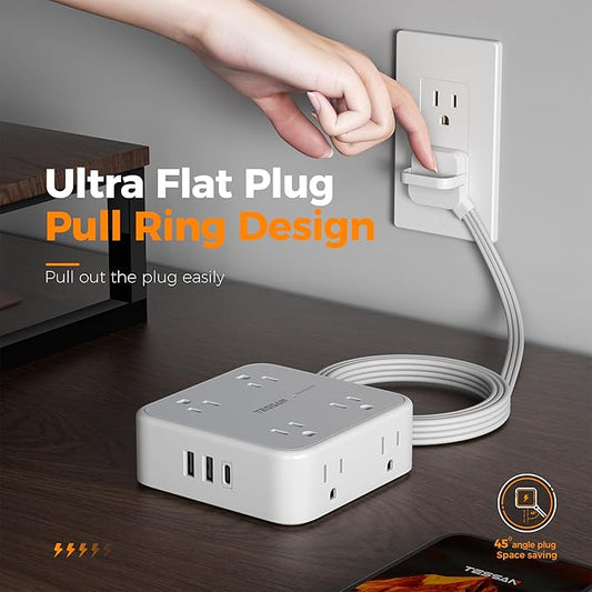 Surge Protector Power Strip, TESSAN 5 FT Flat Extension Cord with 8 AC Outlets 3 USB Ports (1 USB C), 900 Joules Protection, 3-Sided Wall Plug Extender, Desk Charging Station for Office, Dorm