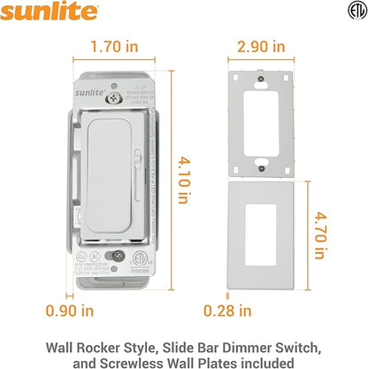 Sunlite LED Wall Rocker Style, Slide Bar Triac Dimmer Switch, Screwless Wall Plates Included, Single Pole or 3-Way Switching, 120 Volts, 200W Max for LED, 600W Max for Incandescent, White, 4 Pack
