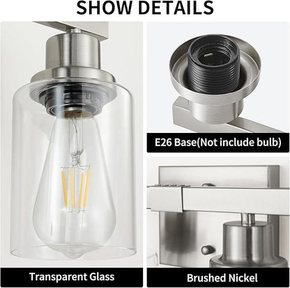 DIKAIDA Bathroom Vanity Light, 4-Light Nickel Modern Matte Wall Sconce Lighting with Clear Glass Shade, Wall Lights,Bath Vintage Wall Mounted Lamps for Mirror Bedroom Living Room