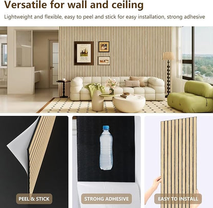 ARMURO Wood Slat Wall Panel 2 PCS - Extra-Long Wood Wall Panels for Soundproof Home & Office, Easy Peel and Stick Acoustic Panels for Noise Cancelling (Oak 11.8"W x 94.5"L)