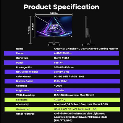 Amzfast 27 inch 240Hz Curved Gaming Monitor, FHD 1080P Monitor Gaming with Upgraded Built-in Speakers, MPRT 1ms with Fast VA Panel | 130% sRGB, 4000:1,1500R | 12 Months Warranty Exchange