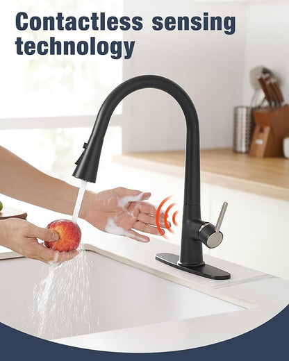 AIMADI Touchless Kitchen Faucet, Matte Black,Single Handle Pull-Down Sprayer,Deck Plate Included | Hands-Free Smart Motion Sensor Kitchen Sink Faucet, 3 Spray Modes, Fits 1 or 3 Hole Sinks