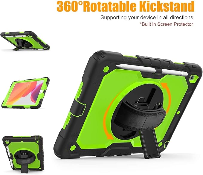 BLOSOMEET Case for iPad 9th/8th/7th Generation 2021/2020/2019 10.2 Inch with Tempered Glass Screen Protector & Pencil Holder,Protective Kids iPad 10.2 Case Cover w/Stand Hand Shoulder Strap,Green