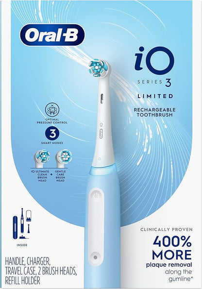 Oral-B iO Deep Clean Rechargeable Electric Powered Toothbrush, Icy Blue with iO Series 3 Limited, 2 Brush Heads and Travel Case - Pressure Sensor to Protect Gums - 3 Cleaning Settings - 2 Minute Timer