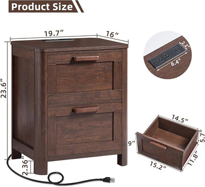 Joaxswe Farmhouse Nightstand Set of 2 with Charging Station, End Tables Bedroom with 2 Large Drawers & 4 Thickened Table Legs, Walnut