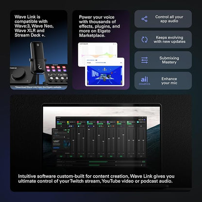 Elgato Wave:3 - Premium Studio Quality USB Condenser Microphone for Streaming, Podcast, Gaming and Home Office, Free Mixer Software, Sound Effect Plugins, Anti-Distortion, Plug ’n Play, for Mac, PC