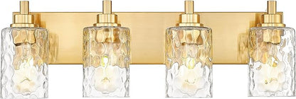 METWET 4-Light Bathroom Light Fixtures, 24.5 Inch Brushed Gold Vanity Lights with Clear Hammered Glass Cylinder Shade, Modern Vanity Lighting Fixture Over Mirror, VL198-BG-4