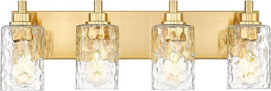 METWET 4-Light Bathroom Light Fixtures, 24.5 Inch Brushed Gold Vanity Lights with Clear Hammered Glass Cylinder Shade, Modern Vanity Lighting Fixture Over Mirror, VL198-BG-4