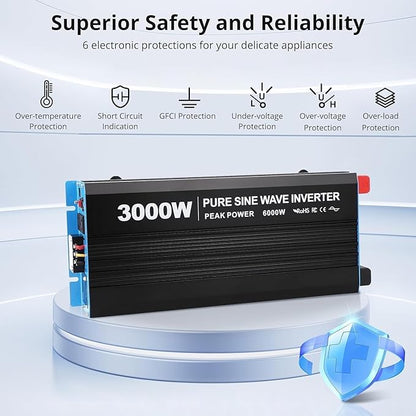 3000W Pure Sine Wave Inverter 1 USB Port 5v/2.4a,LCD Display&Remote Controller for Home, RV, Truck