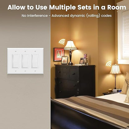 SURAIELEC 3 Way Wireless Light Switch, Remote Control Outlet, Decorator Rocker Wall Switch, 15 AMP, 100ft RF Range, No Wiring No WiFi, for Plug in Pendant Light, Lamp, Small Electrical Appliance