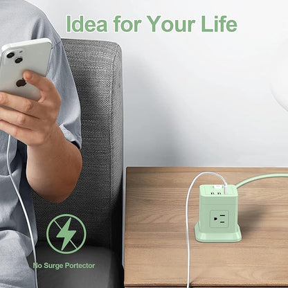 Cube Power Strip, FDTEK 4 Widely Spaced Outlet with 3 USB (1 USB C) Flat Plug Power Strips with Long Extension Cords Space Save Compact Portable for Travel Home Office Cruise - 10FT Green