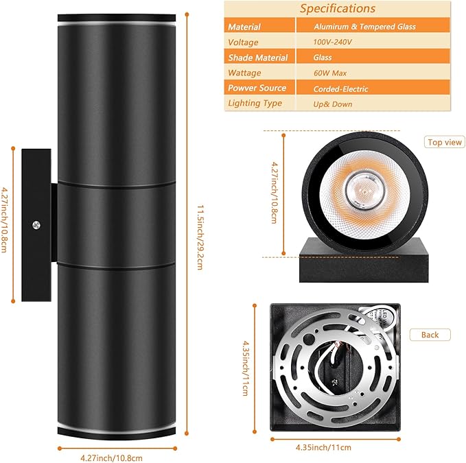 RIDALUX Outdoor Wall Light Cylinder Waterproof : 2 Pack Exterior Fixtures Wall Sconce with LED Up Down - Modern Outdoor Light for Porch Patio Garage