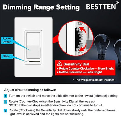 BESTTEN 10 Pack Dimmer Light Switch, Single Pole or 3-Way, Slide Dimmer Switches, Compatible with Dimmable LED, CFL, Incandescent and Halogen Bulb, Neutral Wire Not Required, 120VAC, UL Listed, White