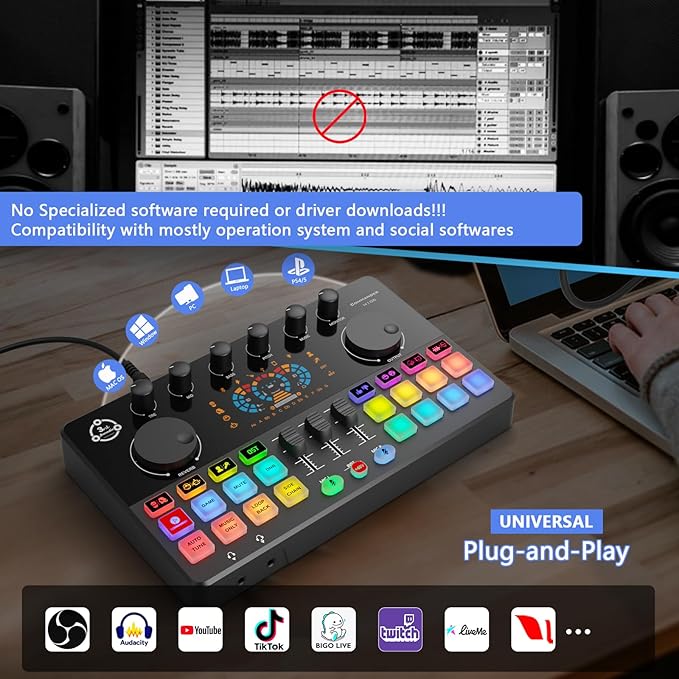 Podcast Equipment Bundle for 2, Audio Interface with Condenser Microphone, Voice Change, DJ Mixer for Streaming, Podcast Recording COMMANDER M100 3rd