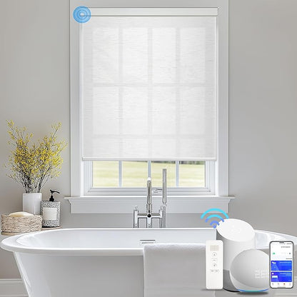 COOLWINDS Motorized Blinds with Remote Cordless Automatic Motorized Shades Custom Blinds for Indoor Windows Smart Curtains with Alexa Google Home(Light Filtering Cloud White,62x72in)