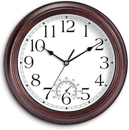 KECYET 12 Inch Outdoor Wall Clock with Thermometers, Vintage Silent Wall Clocks Battery Operated, Retro Non-Ticking Clock Decorative for Living Room, Patio, Kitchen, Office, Bathroom, Bedroom(Bronze)