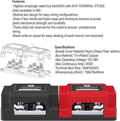 AMOMD Heavy Duty 400A 12-48V Tin-Plated Copper Block Bus Bar 8xM10(3/8") Studs Independent Modular Positive Negative Ground Battery Junction Block Buss Bar for Solar System Marine Truck Boat