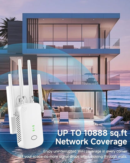 WiFi Extender, 2.4G WiFi Extender Signal Booster – 10888 Sq Ft, 80 Devices Supported & 1-Tap Faster Setup