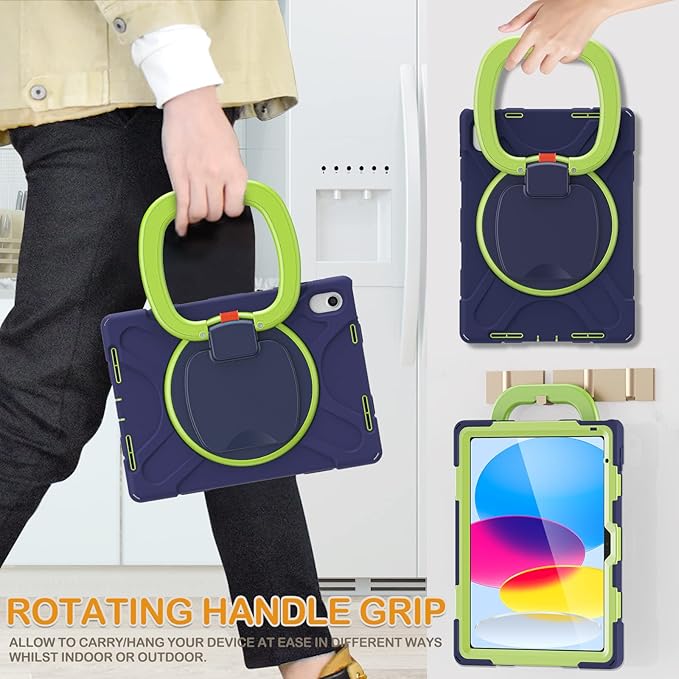 BRAECN Case for iPad (A16) 11th/10th Generation 11”/10.9'' 2025/2022-Rugged Silicone Cover with Swivel Ring Stand/Pencil Holder/Handle Grip/Kickstand/Screen Protector/Shoulder Strap, Navy Green