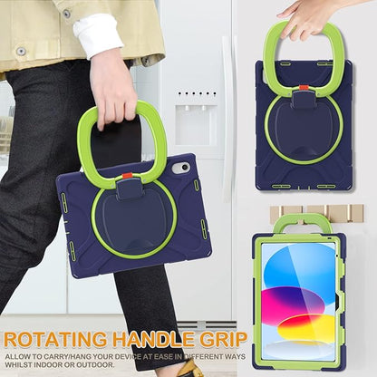 BRAECN Case for iPad (A16) 11th/10th Generation 11”/10.9'' 2025/2022-Rugged Silicone Cover with Swivel Ring Stand/Pencil Holder/Handle Grip/Kickstand/Screen Protector/Shoulder Strap, Navy Green