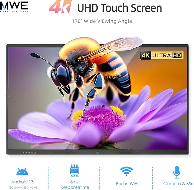 QIXZOCV 85" Smart Board, Interactive Whiteboard, 4K Electronic Board, UHD Touchscreen, Android 13, 8+128G, All in One Smartboard for Classroom Office Home (Wall Mount Included)