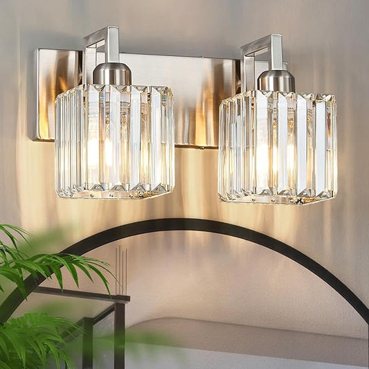 FDPBY Modern Bathroom Vanity Light 2-Lights Brushed Nickel Vanity Light Crystal Wall Light Bathroom Light Fixtures
