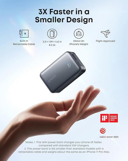 Anker Nano Portable Charger, 10,000mAh 45W Max Compact Power Bank, Travel Essential Phone Battery Pack with 2.3 ft InstaCord Retractable Cable for iPhone 17/16 Series, iPad, Galaxy, Pixel, and More