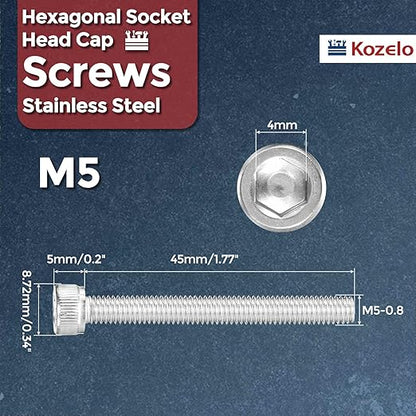 Kozelo 30pcs Socket Head Cap Screws - [M5-0.8 x 45mm] 304 Stainless Steel Allen Socket Drive for Electrical Motor 3D Printing Fan Engine Replacement Use, Silver