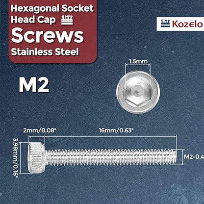 Kozelo 50pcs Socket Head Cap Screws - [M2-0.4 x 16mm] 304 Stainless Steel Allen Socket Drive for Electrical Motor 3D Printing Fan Engine Replacement Use, Silver