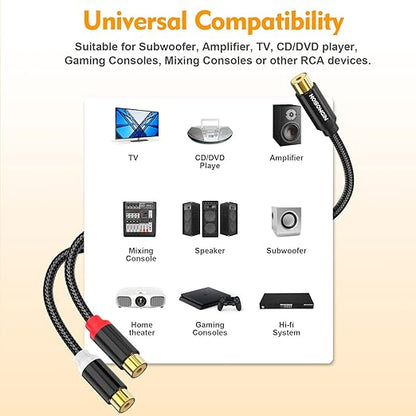 HOSONGIN RCA Splitter 1 Female to 2 Female Audio Cable (2 Pack), 24K Gold-Plated Plug, Cotton Braided Jacket, Dual Shielded Y Splitter Adapter for Amplifiers, TV, Home Theater, Hi-Fi Systems -12 inch