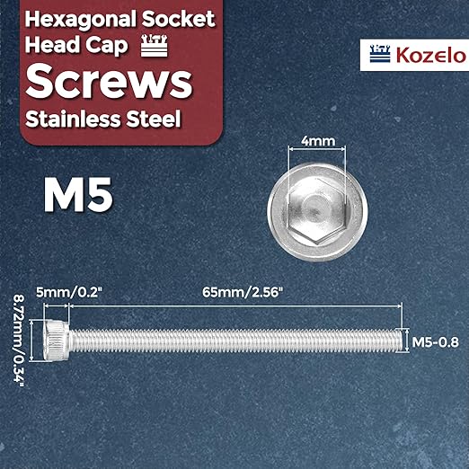 Kozelo 20pcs Socket Head Cap Screws - [M5-0.8 x 65mm] 304 Stainless Steel Allen Socket Drive for Electrical Motor 3D Printing Fan Engine Replacement Use, Silver