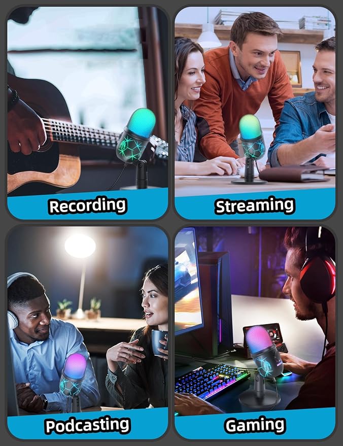 USB Gaming Microphone for PC, Mac, PS4, PS5, Computer Mic with Noise Reduction, Monitor, Mute and RGB, Great for Recording, Streaming, Podcasting
