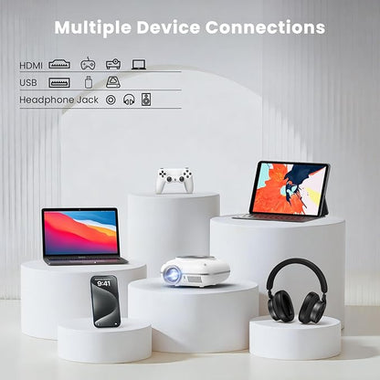HOMPOW Mini Projector with Two -Way Bluetooth, Portable Projector for Home Theater Use, Support 1080P for Outdoor Projector/Movie Projector Compatible with HDMI, USB, Laptop, TV Stick (White)
