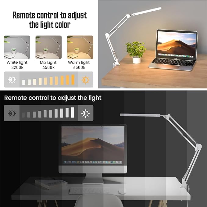 TROPICALTREE LED Desk Lamp for Home Office, Clamp-On with 3 Light Modes | 14W Adjustable Brightness 5000K Eye-Caring Lighting for Study/Bedroom/Computer Desk (White)