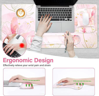 MOSISO Desk Mat Keyboard Mouse Pad Set, Large Gaming Mouse Pad&Keyboard Wrist Rest&Mousepad with Wrist Rest&Coaster, Ergonomic Non-Slip Home Office Mousepad with Memory Foam, Pink
