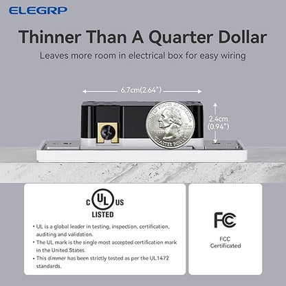 ELEGRP Digital Dimmer Light Switch for 300W Dimmable LED/CFL Lights and 600W Incandescent/Halogen, Single Pole/3-Way LED Slide Dimmer Light Switch, Wall Plate Included, UL Listed, 1 Pack, Matte White