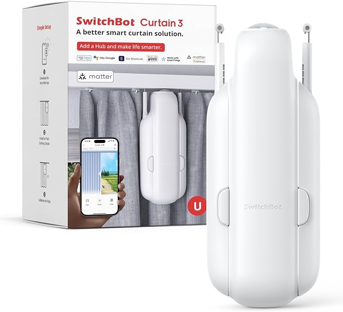 SwitchBot Automatic Curtain Opener - Bluetooth Remote Control Smart Curtain with App, Upgraded High-Performance Motor, Add SwitchBot Hub to Work with Alexa, Google Home, HomeKit