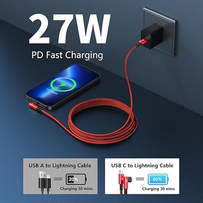 USB C to Lightning Cable 6FT, 90 Degree iPhone Charger Cables [Apple MFi Certified] 3Pack Fast Charging Cord Nylon Braided USB C Lightning Cable Compatible with iPhone 14/13/12/11/Pro Max/Plus/8/7-Red
