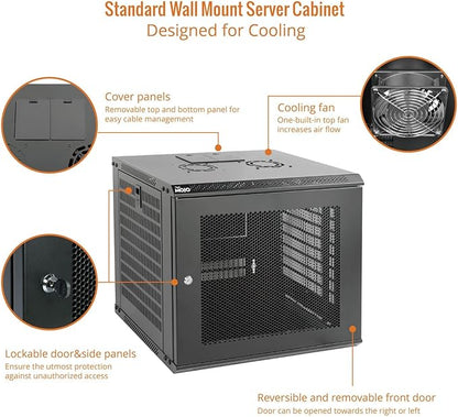 Tecmojo 9U Wall Mount Rack Network Cabinet for 19" IT Equipment,with Lockable Mesh Door and Side Panels,Cooling Fan,17.7inch Depth,Black