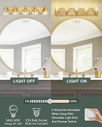 METWET Bathroom Light Fixtures, 5 Light Brushed Gold Vanity Light, 32 Inch Modern Wall Sconces with Globe Clear Glass Shade, Vanity Lighting Fixtures Over Mirror, VL195-BG-CL-5