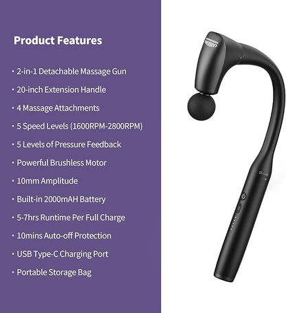 CAREKING 2-in-1 Detachable Muscle Massage Gun Deep Tissue with 20'' Extension Handle, Back and Neck Massager for Pain Relief, Handheld Massager for Shoulder Lower Back Leg Waist, FSA-HSA Eligible