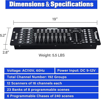 TCFUNDY DMX 512 Controller, 192 Channel DMX Light Controller Stage Lighting Console for Party DJ Disco Lights Show Night Club
