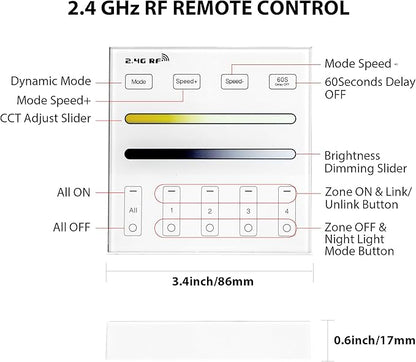 XXK WR02RF RF Panel Remoter, 4-Zone 2.4G Wall Mounted RF Remote Control Compatible with CCT LED Controller, 99ft Wireless Control 4 Channel Group Control for Home CCT LED Strip Lights