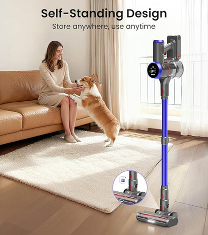 FKIEN Cordless Vacuum Cleaner, 550W 45kPa 65Mins Vacuum Cleaners for Home with LED Display, Self-Standing Stick Vacuum with Anti-Tangle Brush, Rechargeable Vacuum Cordless for Pet Hair/Carpet/Floor
